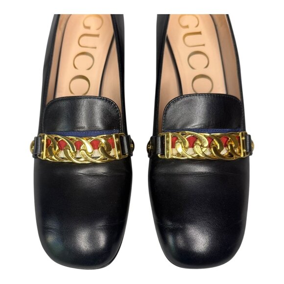 Gucci Sylvie Black Leather Chain Web Stripe Block Heel Pumps Shoes 38.5 US 8.5 - Picture 4 of 15